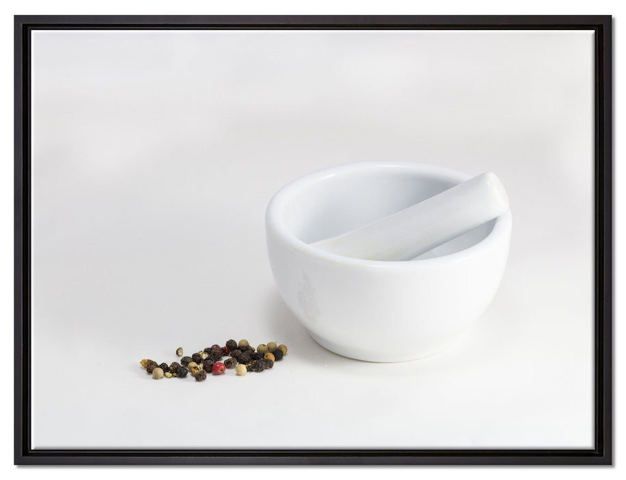 Porzellan Mörser mit Gewürzkörner auf Leinwandbild gerahmt Größe 80x60