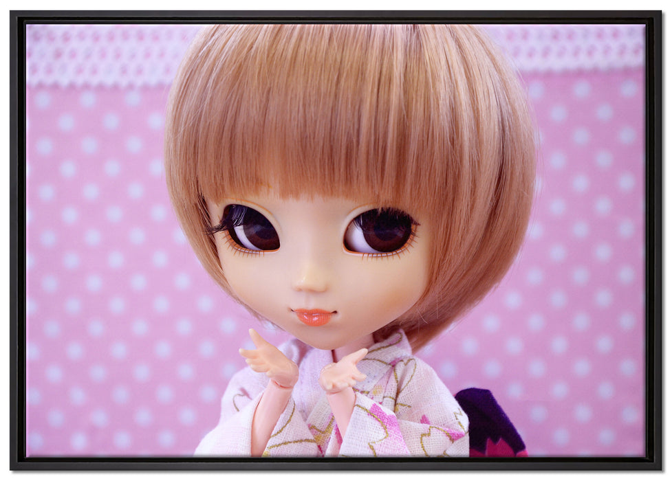 Puppe im traditionellen Kimono auf Leinwandbild gerahmt Größe 100x70