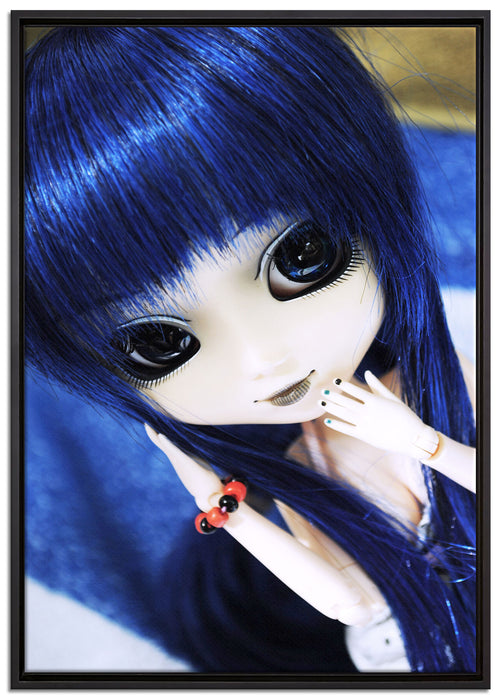 Pullip-Puppe mit blau Haaren auf Leinwandbild gerahmt Größe 100x70