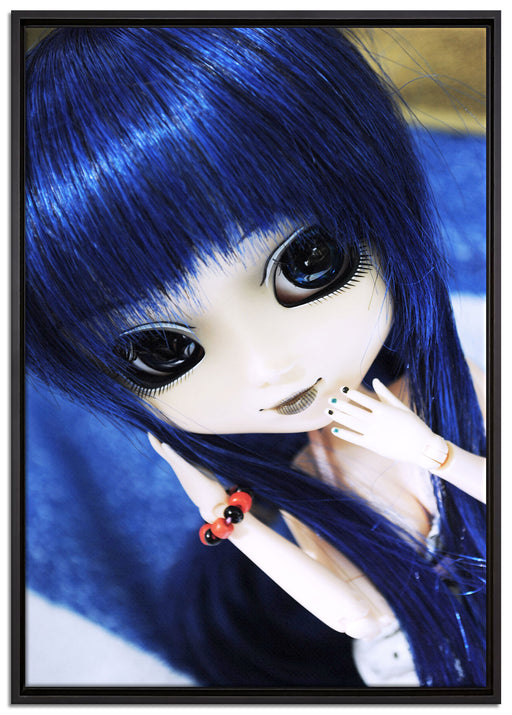 Pullip-Puppe mit blau Haaren auf Leinwandbild gerahmt Größe 100x70