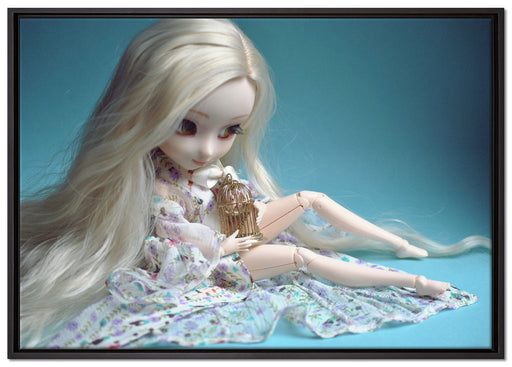 blonde Pullip-Puppe mit Vogelkäfig auf Leinwandbild gerahmt Größe 100x70