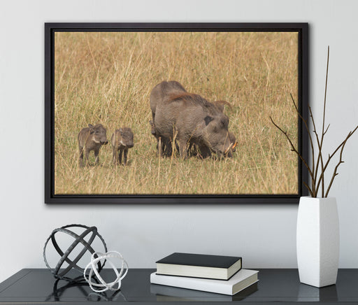 Warzenschweinfamilie Savanne auf Leinwandbild gerahmt mit Kirschblüten