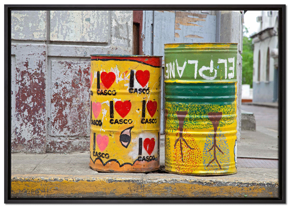 buntbemalte Fässer auf Leinwandbild gerahmt Größe 100x70