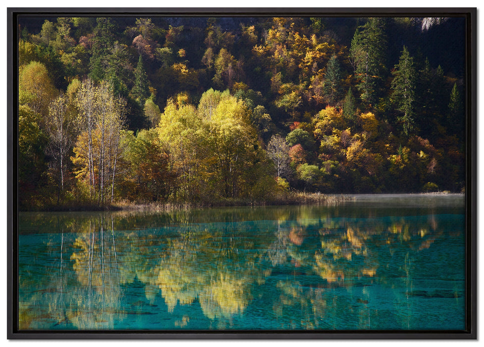 herbstlicher Wald am See auf Leinwandbild gerahmt Größe 100x70