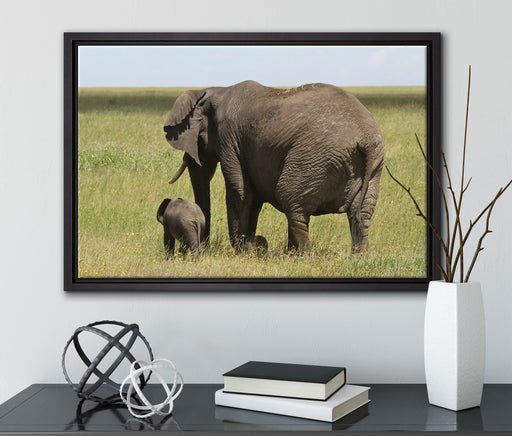 Elefantenweibchen mit Jungtier auf Leinwandbild gerahmt mit Kirschblüten