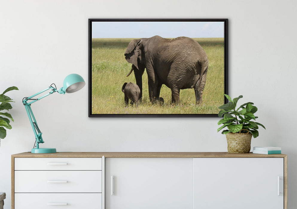 Elefantenweibchen mit Jungtier auf Leinwandbild gerahmt verschiedene Größen im Wohnzimmer