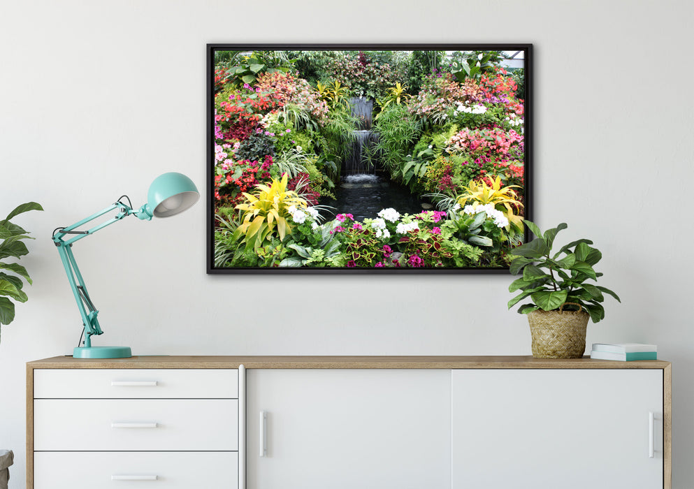 farbenfrohe Blumenoase auf Leinwandbild gerahmt verschiedene Größen im Wohnzimmer