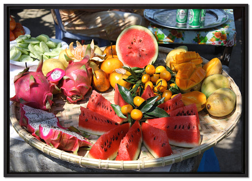 exotischer Fruchtteller auf Leinwandbild gerahmt Größe 100x70