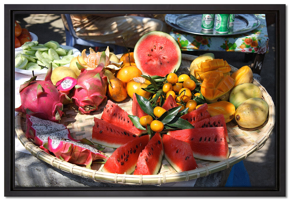 exotischer Fruchtteller auf Leinwandbild gerahmt Größe 60x40