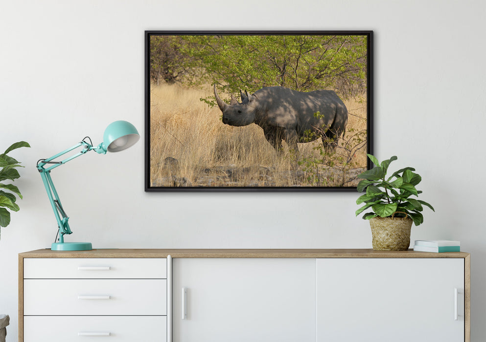 Nashorn in der Savanne auf Leinwandbild gerahmt verschiedene Größen im Wohnzimmer