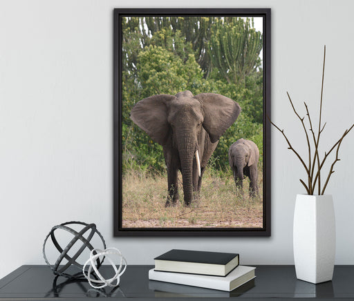 Elefantenkuh mit Jungtier auf Leinwandbild gerahmt mit Kirschblüten