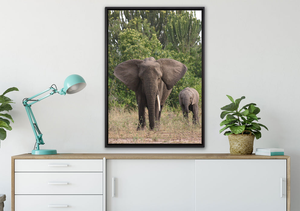 Elefantenkuh mit Jungtier auf Leinwandbild gerahmt verschiedene Größen im Wohnzimmer