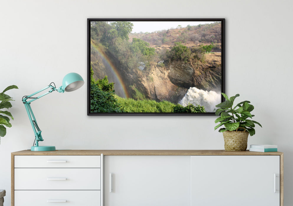 Regenbogen über Wasserfall auf Leinwandbild gerahmt verschiedene Größen im Wohnzimmer