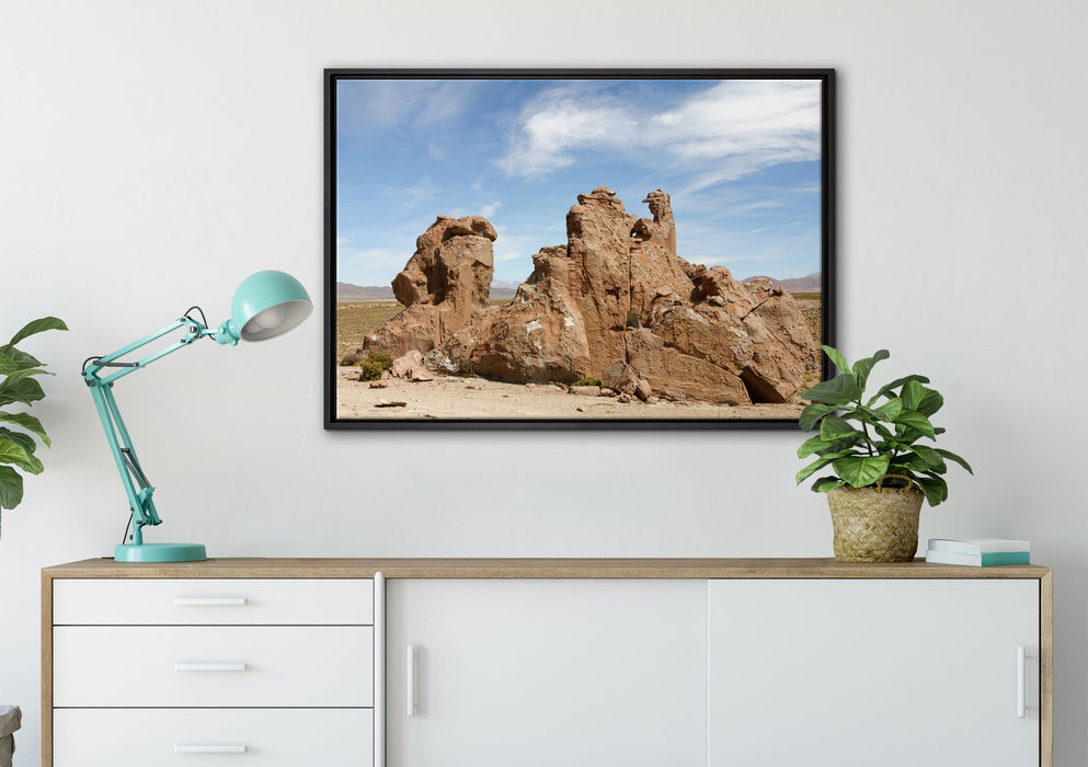 riesige Felsbrocken in der Wüste auf Leinwandbild gerahmt verschiedene Größen im Wohnzimmer
