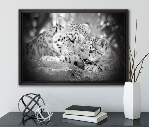 Leopard mit Jungtier auf Leinwandbild gerahmt mit Kirschblüten