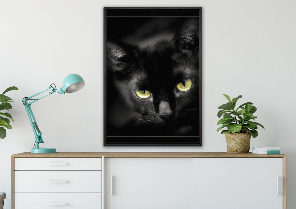 schöne schwarze Katze auf Leinwandbild gerahmt verschiedene Größen im Wohnzimmer