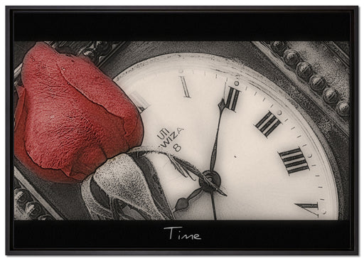 rote Rose auf alter Uhr auf Leinwandbild gerahmt Größe 100x70