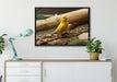 kleiner wachsamer Kanarienvogel auf Leinwandbild gerahmt verschiedene Größen im Wohnzimmer