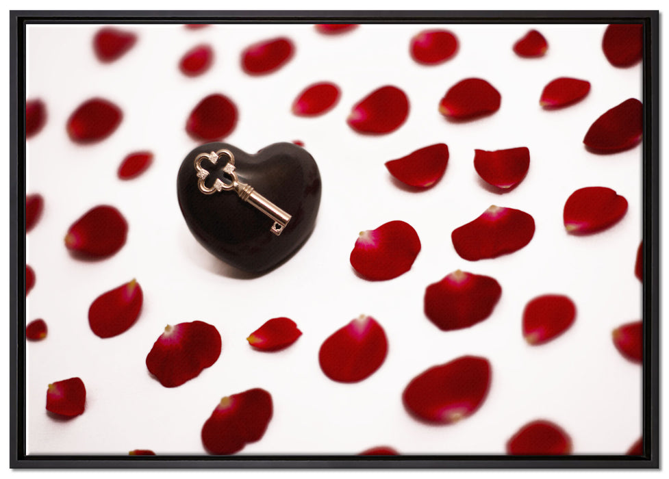 Stein zwischen Rosenblättern auf Leinwandbild gerahmt Größe 100x70