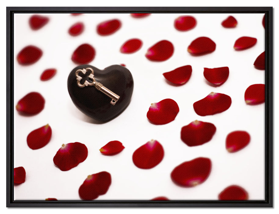 Stein zwischen Rosenblättern auf Leinwandbild gerahmt Größe 80x60