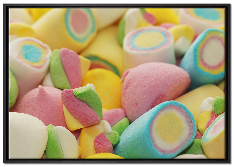 bunte Schaumsüßigkeiten auf Leinwandbild gerahmt Größe 100x70
