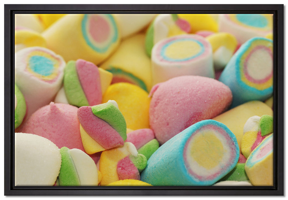 bunte Schaumsüßigkeiten auf Leinwandbild gerahmt Größe 60x40