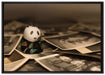 Panda Figur zwischen Fotografien auf Leinwandbild gerahmt Größe 100x70