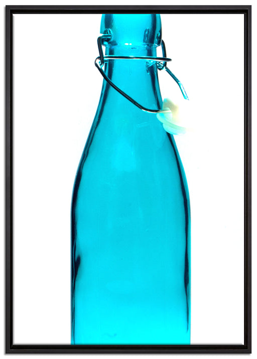 blaue Glasflasche auf Leinwandbild gerahmt Größe 100x70