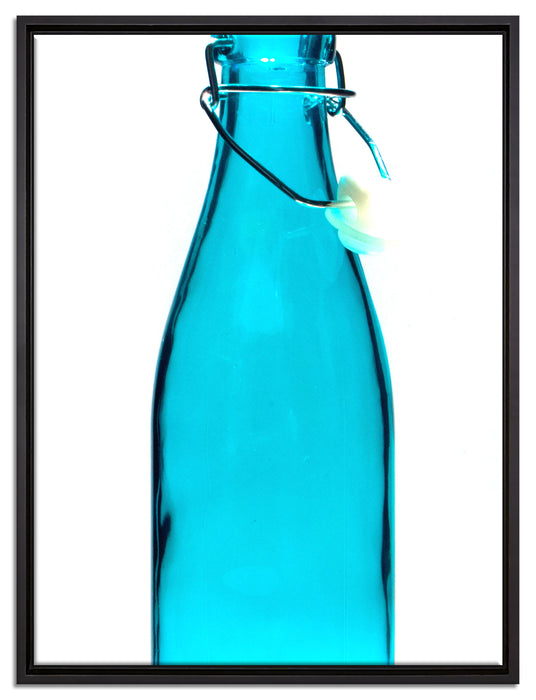 blaue Glasflasche auf Leinwandbild gerahmt Größe 80x60