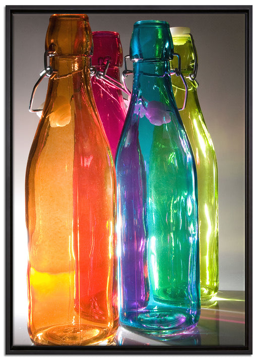 bunte Glasflaschen auf Leinwandbild gerahmt Größe 100x70