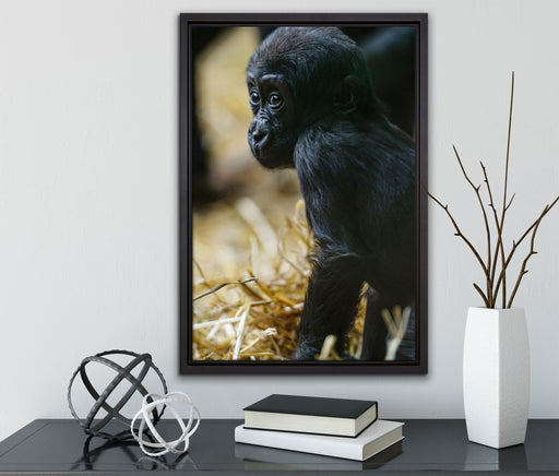 kleines Gorillajunges auf Leinwandbild gerahmt mit Kirschblüten