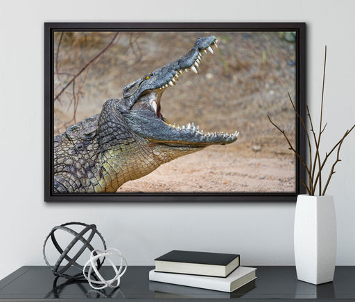 gewaltiges Krokodil auf Leinwandbild gerahmt mit Kirschblüten