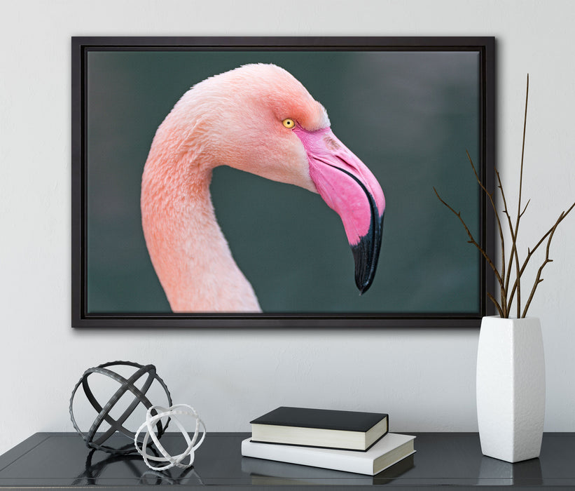 Flamingo im Seitenprofil auf Leinwandbild gerahmt mit Kirschblüten
