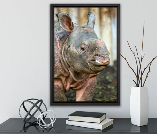 schönes Nashornjunges auf Leinwandbild gerahmt mit Kirschblüten