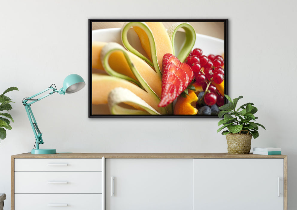 bunte Obstschale auf Leinwandbild gerahmt verschiedene Größen im Wohnzimmer