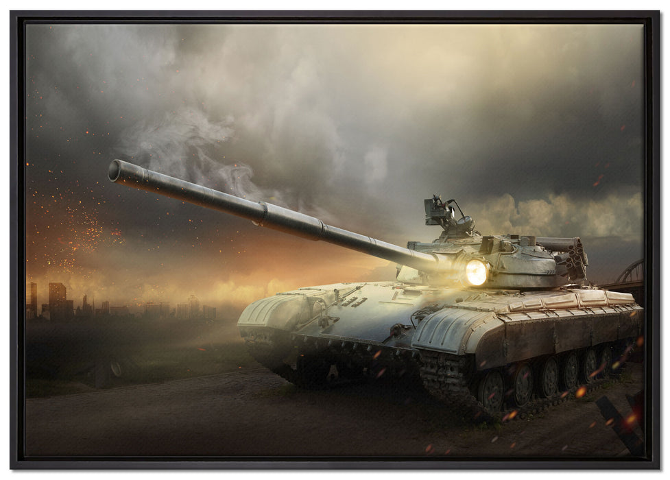 Panzer im Nebel auf Leinwandbild gerahmt Größe 100x70
