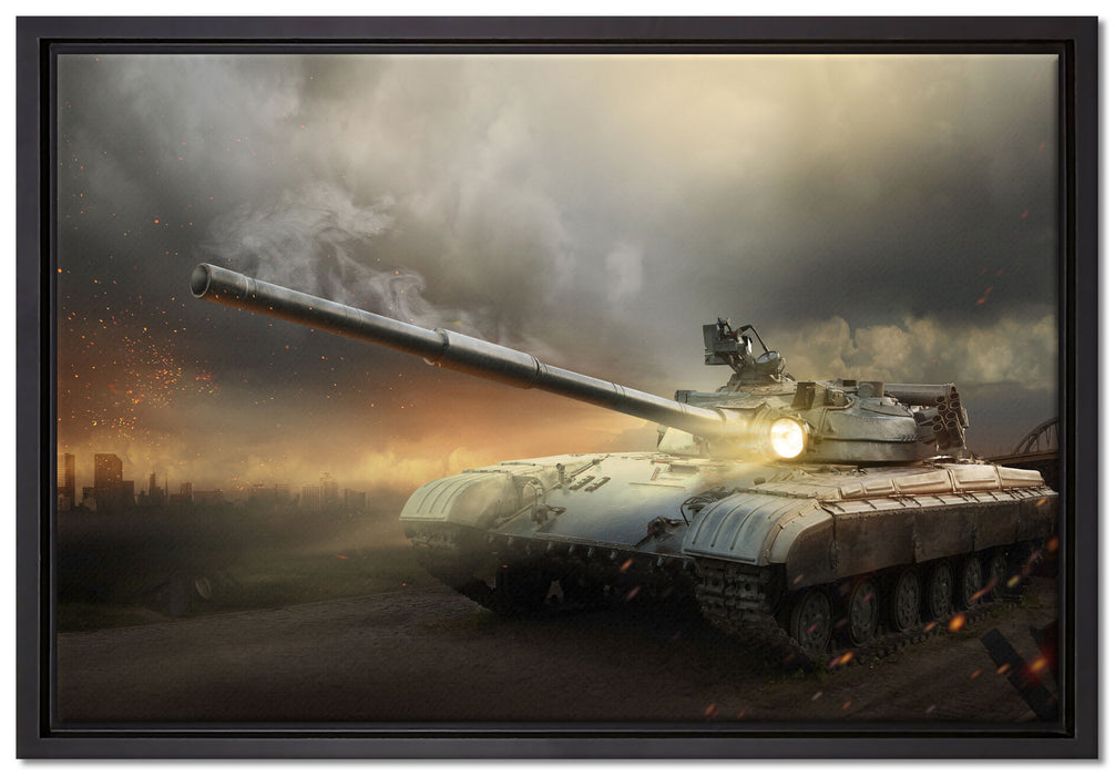 Panzer im Nebel auf Leinwandbild gerahmt Größe 60x40