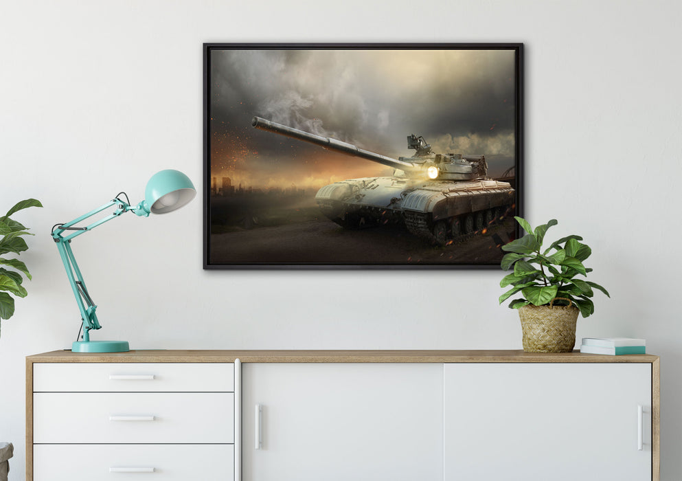 Panzer im Nebel auf Leinwandbild gerahmt verschiedene Größen im Wohnzimmer