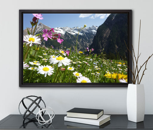 Wunderschöne Blumen Alpenwiese auf Leinwandbild gerahmt mit Kirschblüten