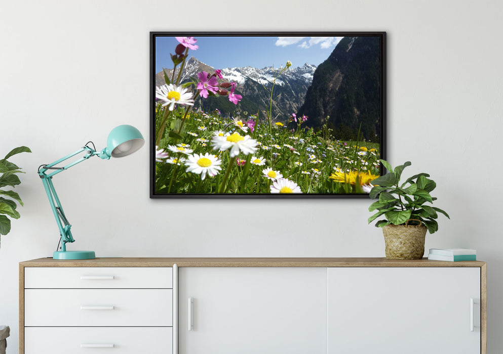 Wunderschöne Blumen Alpenwiese auf Leinwandbild gerahmt verschiedene Größen im Wohnzimmer