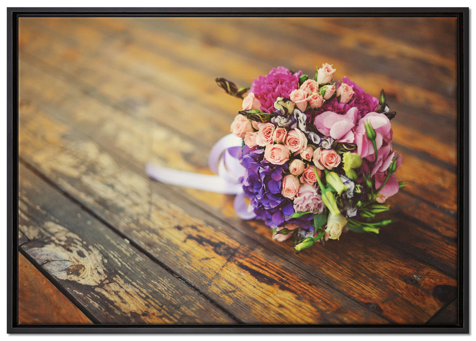 Blumenstrauß auf altem Holztisch auf Leinwandbild gerahmt Größe 100x70