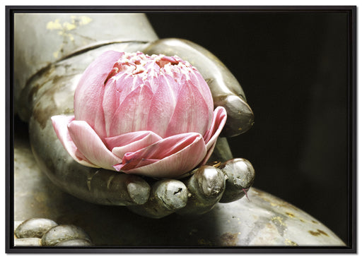 Lotus auf der Hand eines Buddhas auf Leinwandbild gerahmt Größe 100x70