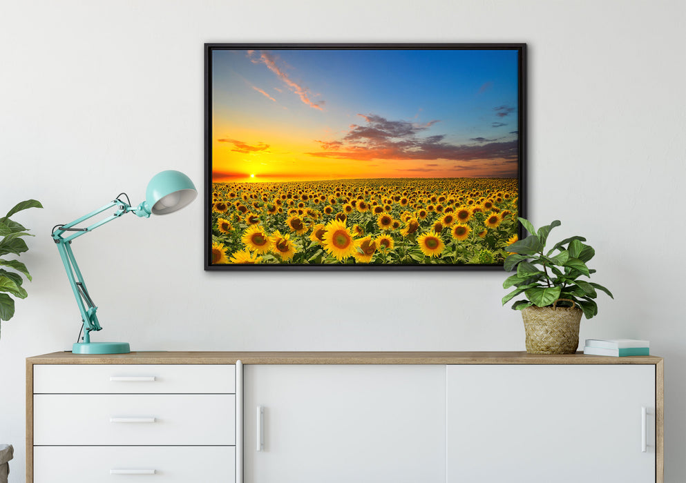 Sonnenuntergang Sonnenblumen auf Leinwandbild gerahmt verschiedene Größen im Wohnzimmer