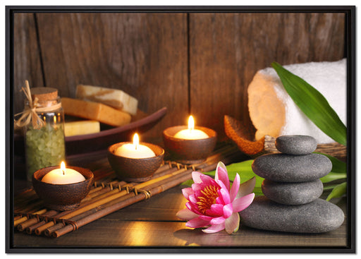 Kerzen mit Zen Steinen und Seerose auf Leinwandbild gerahmt Größe 100x70