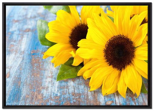 Sonnenblumen auf Holztisch auf Leinwandbild gerahmt Größe 100x70
