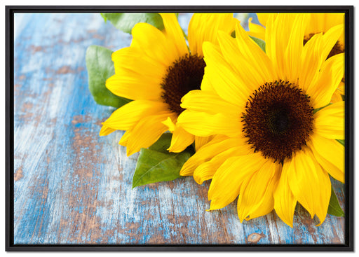Sonnenblumen auf Holztisch auf Leinwandbild gerahmt Größe 100x70