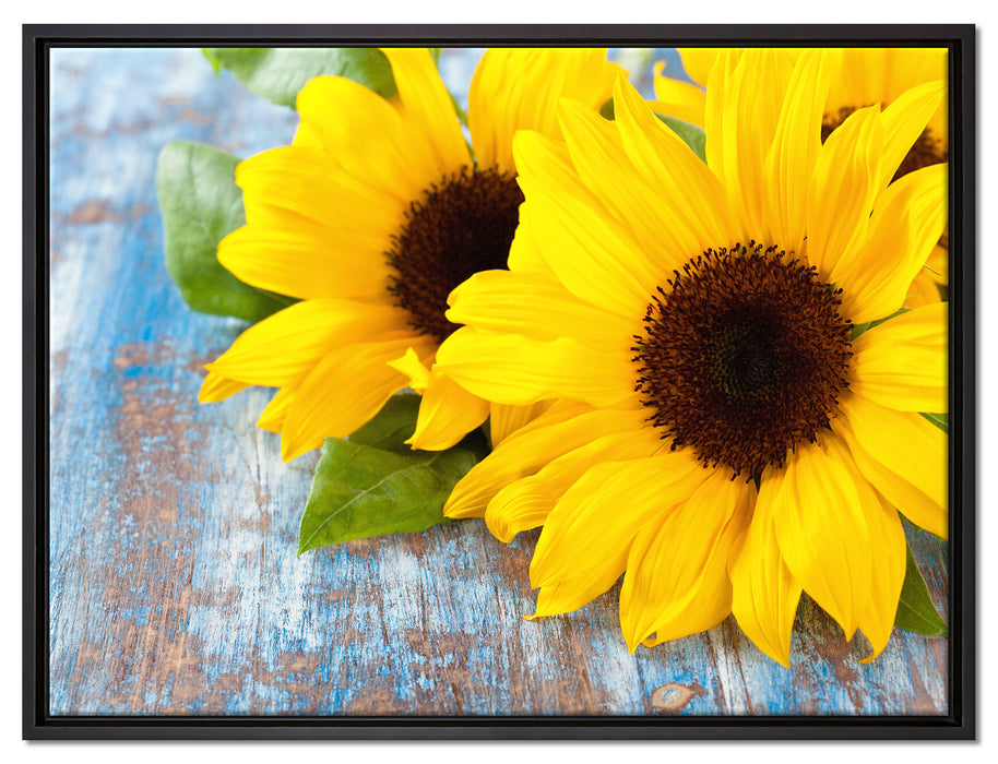 Sonnenblumen auf Holztisch auf Leinwandbild gerahmt Größe 80x60