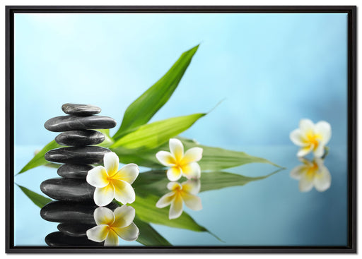 Zen Steinturm Monoi Blüten auf Leinwandbild gerahmt Größe 100x70