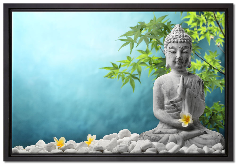 Buddha auf Steinen mit Monoi Blüte auf Leinwandbild gerahmt Größe 60x40