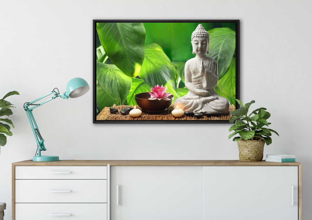 Seerose Buddha Statue auf Leinwandbild gerahmt verschiedene Größen im Wohnzimmer
